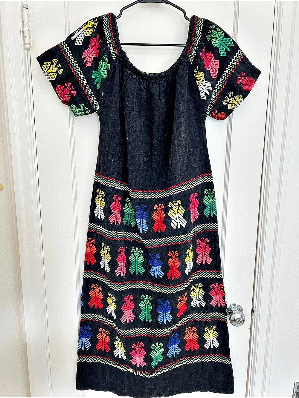 Embroidered Mexican 70s Boho Off the Shoulder Dress in Black & Multicolor